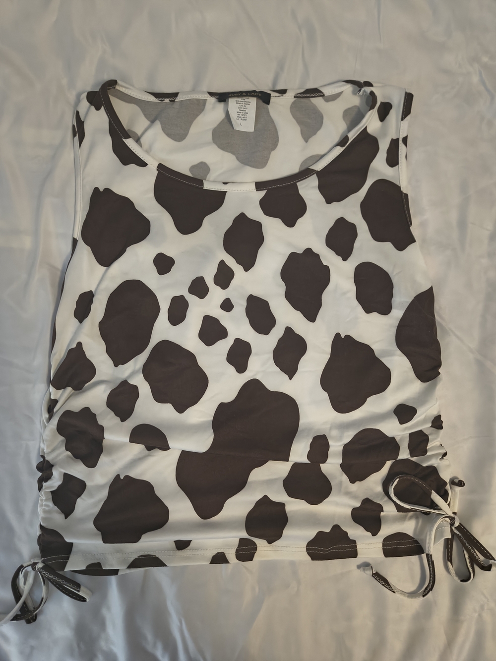 Cow-Print Sleeveless Drawstring Tank Top - White & Brown